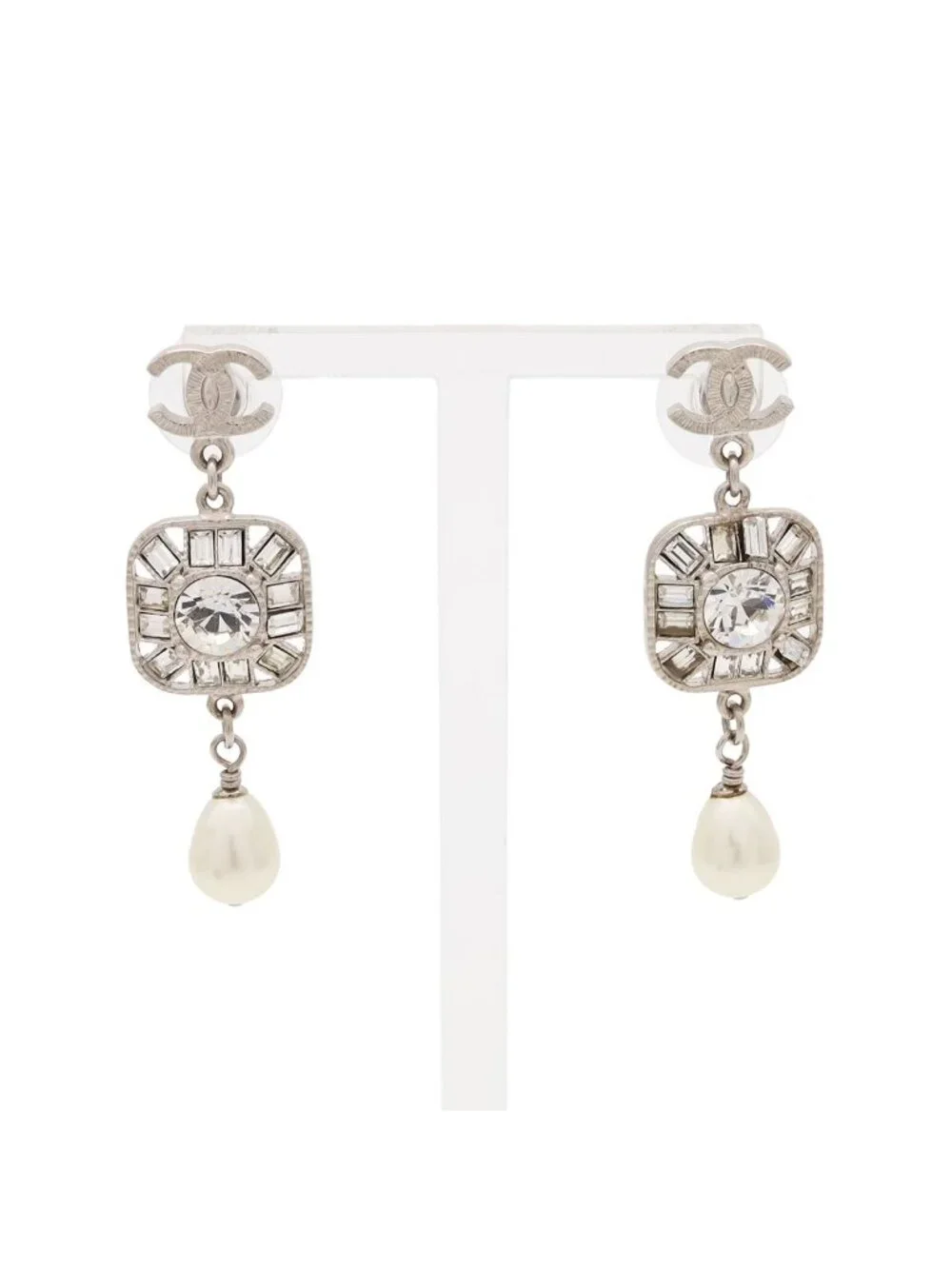 Chanel CC Logo Bijou Pearl Earrings Swing Metal Faux Silver White